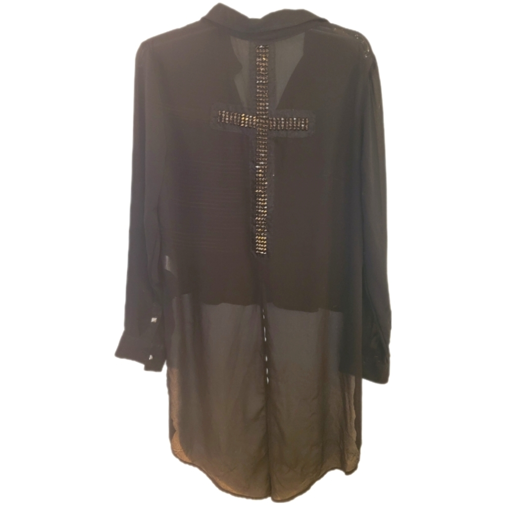 Long Sheer Blouse with Cross Embellishment